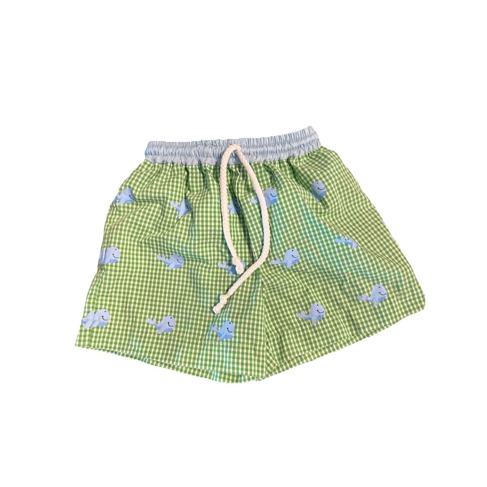Sir John Boys Whale Gingham Blue‎ Green Swim Trunks Size 6 Months